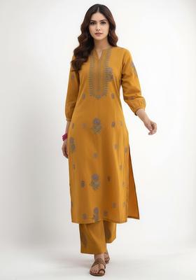 Mustard Yellow Floral Print Rayon Kurta Set