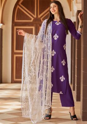Purple Embroidery Rayon Kurta Set