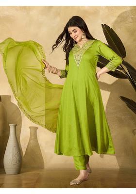 Green Embroidery Silk Anarkali Set