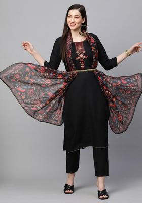Black Embroidery Rayon Kurta Set