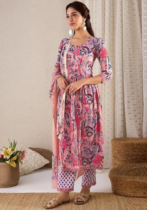 Pink Floral Print Cotton Anarkali Set — view on Indya