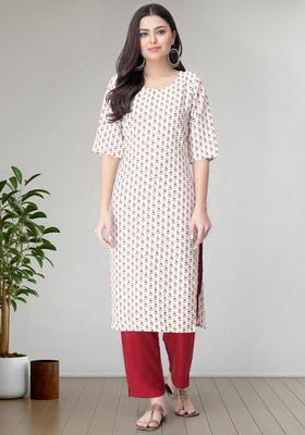 White Floral Print Crepe Kurta Set