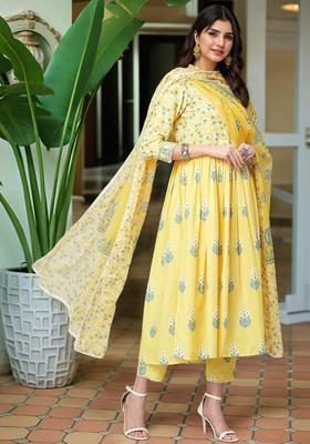 Yellow Floral Print Rayon Kurta Set
