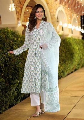 White Floral Print Muslin Anarkali Set