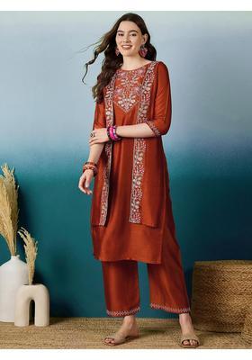 Rust Floral Print Silk Kurta Set