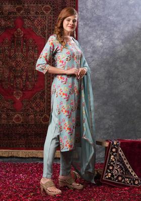 Blue Floral Print Rayon Kurta Set