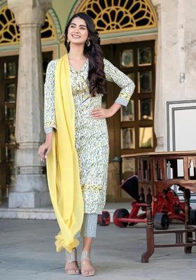 White Printed Cotton Kurta Set