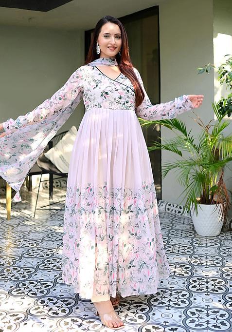 White Floral Print Muslin Anarkali Set — view on Indya