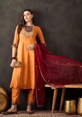 Orange Embroidery Silk Kurta Set