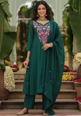 Green Embroidery Viscose Kurta Set