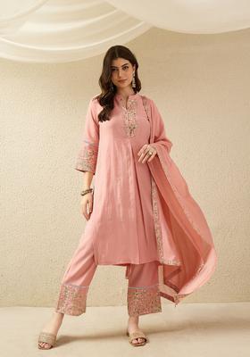Peach Embroidery Silk Kurta Set