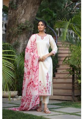White Embroidery Rayon Kurta Set
