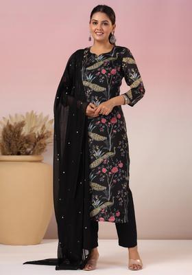 Black Floral Print Rayon Kurta Set