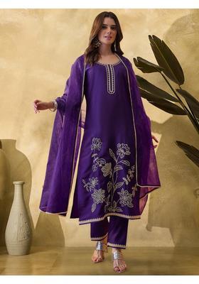 Purple Embroidery Silk Kurta Set