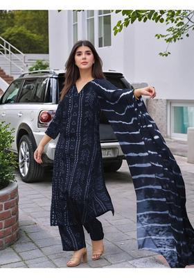 Navy Blue Printed Rayon Kurta Set