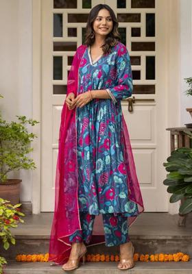 Blue Floral Print Cotton Anarkali Set