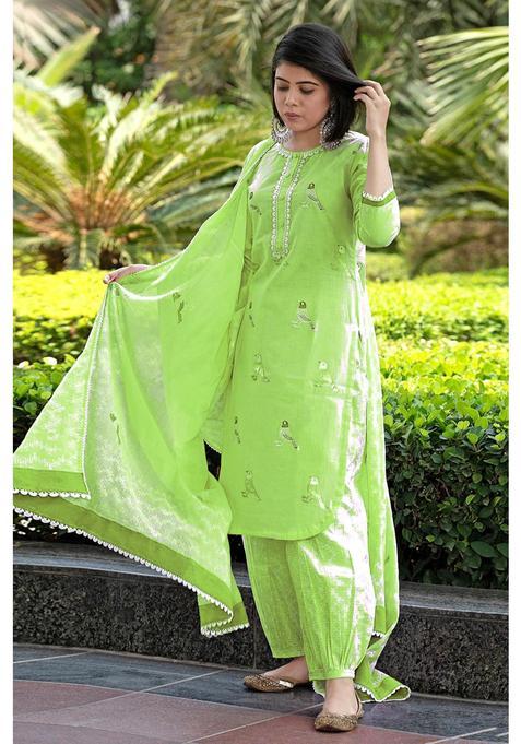 Green Printed Rayon Salwar Suit Set — view on Indya