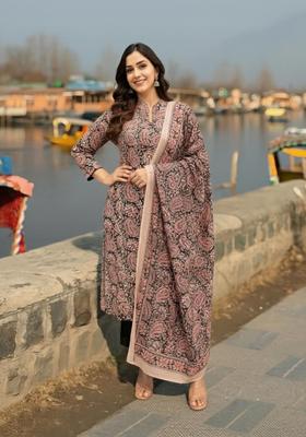 Black Floral Print Rayon Kurta Set