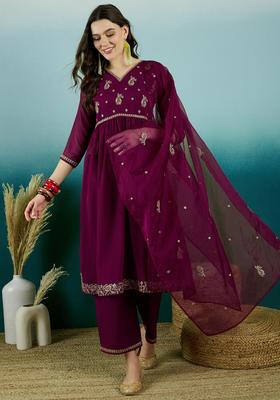 Wine Embroidery Silk Kurta Set