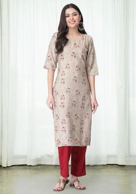 Beige Floral Print Crepe Kurta Set