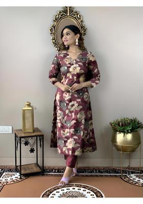 Wine Floral Print Rayon Kurta Set