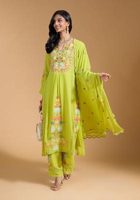 Green Embroidery Georgette Kurta Set