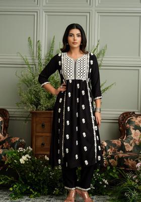 Black Embroidery Rayon Kurta Set