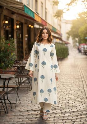 Teal Floral Print Rayon Kurta Set