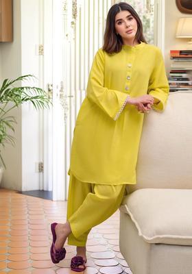 Yellow Solid Rayon Kurta Set