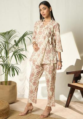 Beige Floral Print Cotton Co-Ord Set