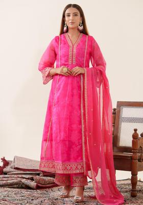 Pink Embellished Silk Anarkali Set
