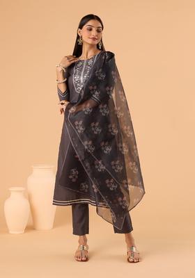 Grey Embroidery Blended Kurta Set