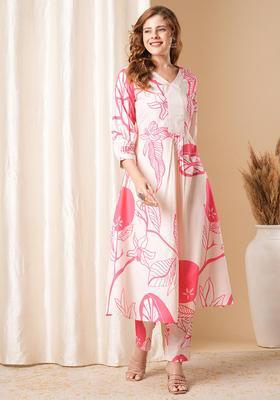 Pink Floral Print Rayon Anarkali Set