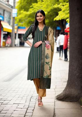 Green Woven Cotton Kurta Set