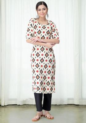 White Printed Crepe Kurta Set