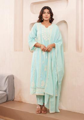 Blue Embroidery Cotton Anarkali Set