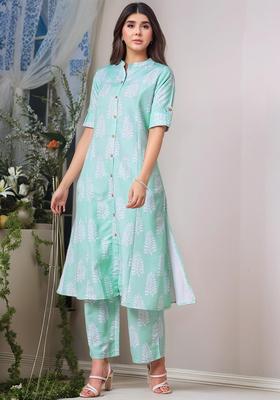Green Floral Print Rayon Kurta Set