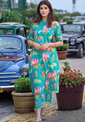 Green Floral Print Rayon Kurta Set
