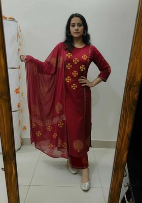 Red Floral Print Rayon Kurta Set