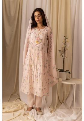 Pink Floral Print Silk Blend Kurta Set