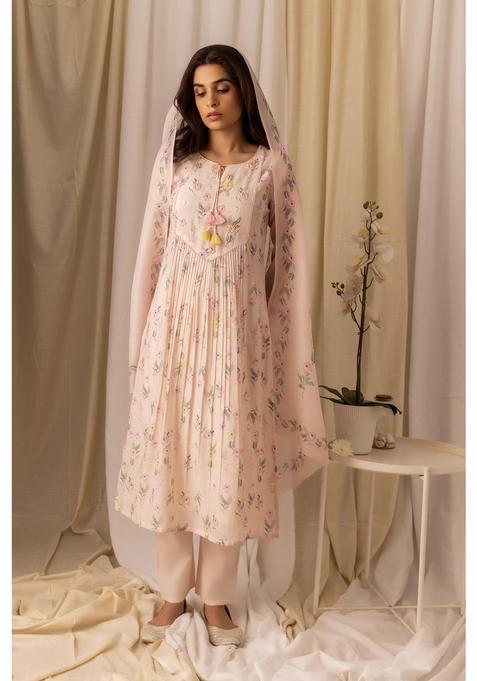 Pink Floral Print Silk Kurta Set — view on Indya
