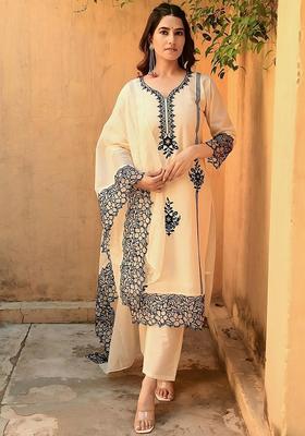 Cream Embroidery Rayon Kurta Set