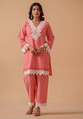 Pink Self Design Cotton Kurta Set