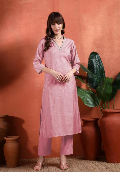 Pink Printed Silk Kurta Set — view on Indya