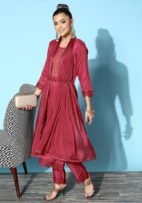 Rust Embroidery Silk Kurta Set