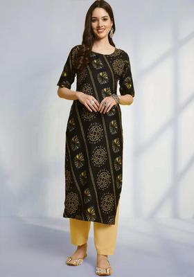 Black Floral Print Crepe Kurta Set