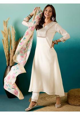 White Embroidery Silk Kurta Set