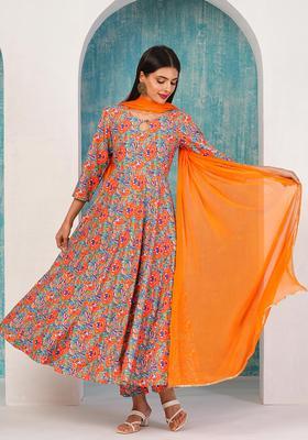 Blue Floral Print Rayon Anarkali Set
