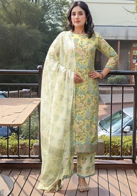 Yellow Floral Print Rayon Kurta Set
