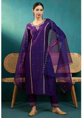 Purple Embroidery Cotton Kurta Set